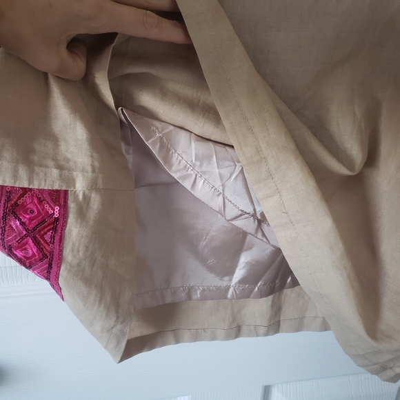 Sweet Miss XL Tan Linen Cotton Dress Pink Sequin Sleeveless Midi Dress Shift #3 - Picture 9 of 10